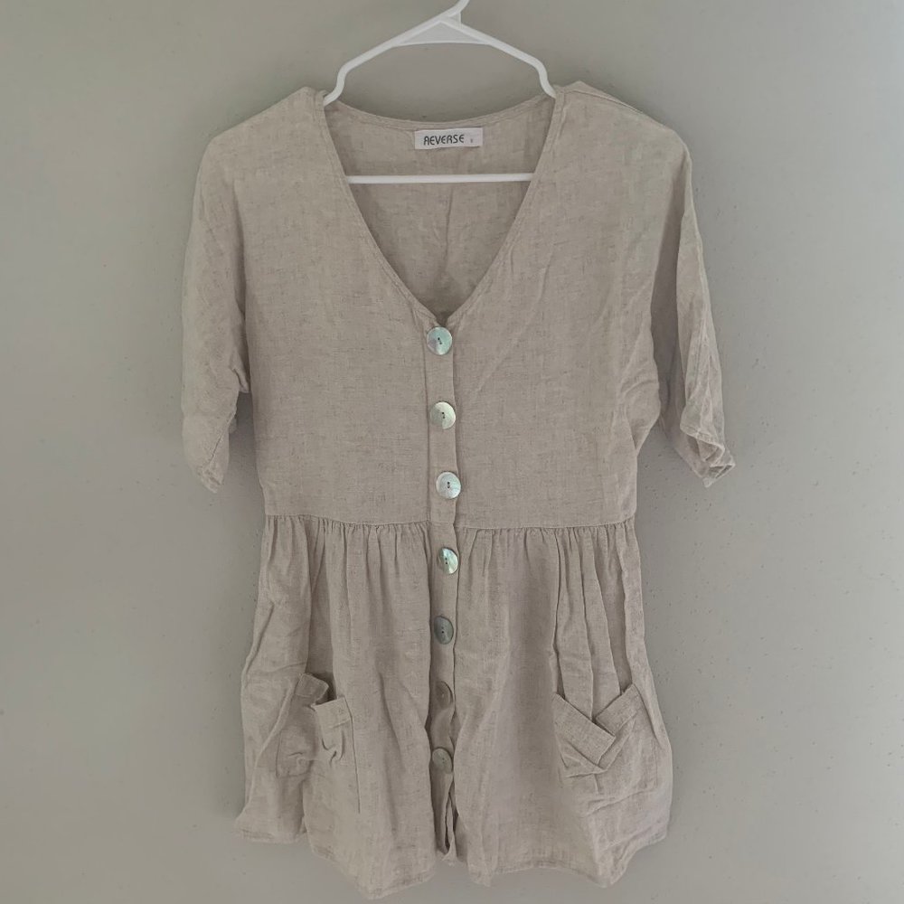 Linen Baby Doll Tunic Top w/ Pearly Iridescent Buttons and Pockets